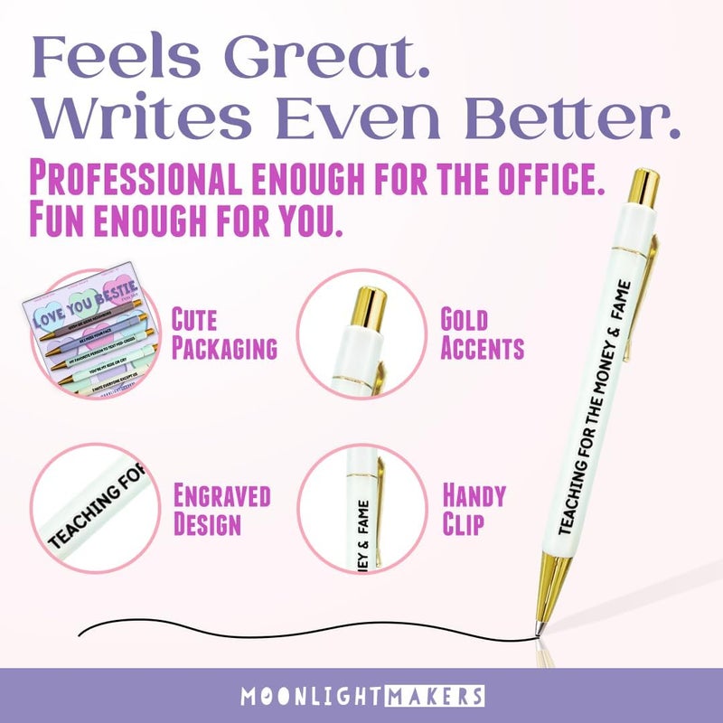 Moonlight Makers - Set of 5 Ballpoint Pens Black Ink - Engraved Funny Pens for Adults - Love You Bestie Appreciation Adult Gifts - Ideal Desk Decor for Work & Office Desk - Cute Packaging, Handy Clips - Image 4
